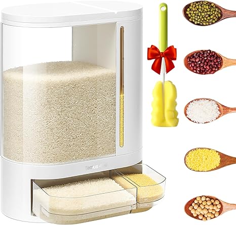 Rice Dispenser, 12KG Rice Container with Measuring Cup Cereal Dispenser, Dual Compartment(8KG  3KG) Rice Dispenser for Rice, Beans, Grains, Small Dry Food