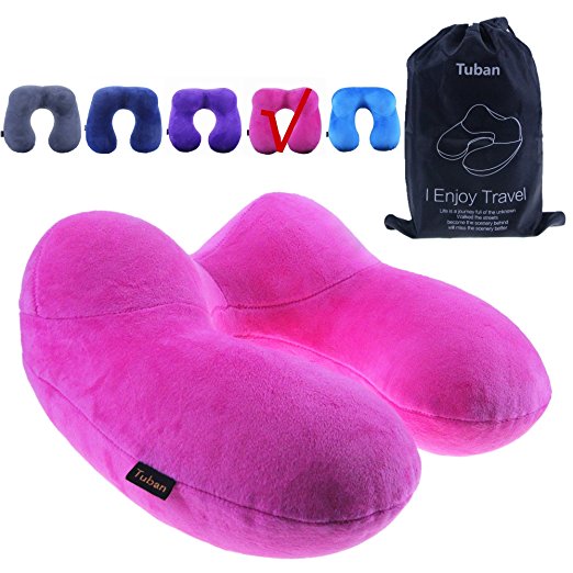Cage-YYL New Multi Function Design - Soft Velvet Inflatable Travel Neck Pillow,Patented design is Ergonomic,360° all round support and protect your neck. (Cherry Red)