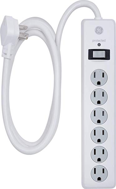 GE, White, Outlet Surge Protector, 6 Ft Extension Cord, Power Strip, 800 Joules, Flat Plug, Twist-To-Close Safety Covers, 47225