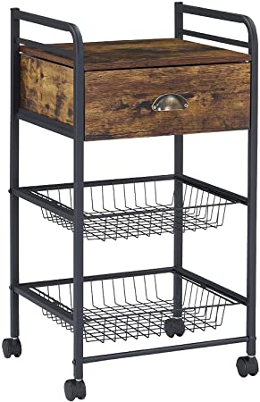 VECELO Utility 3-Tier Baker's Rack,Removable Bar Cart, Rolling Storage Shelves with Drawer for Kitchen/Living Room, Brown