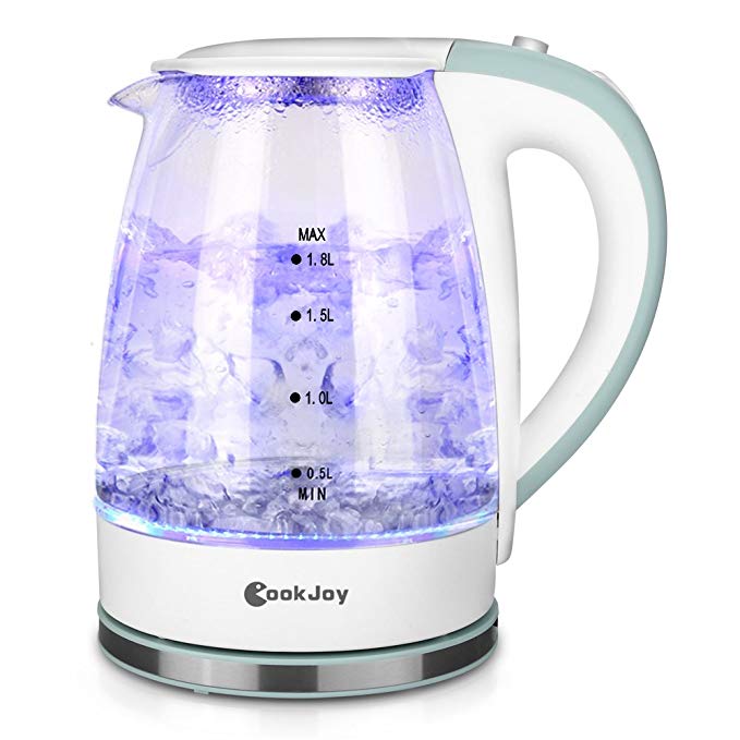 CookJoy 1.8L Water Kettle, 1500W Electric Glass Tea Kettle with LED Illumination, Heat-resistant borosilicate glass, Safety non-toxic