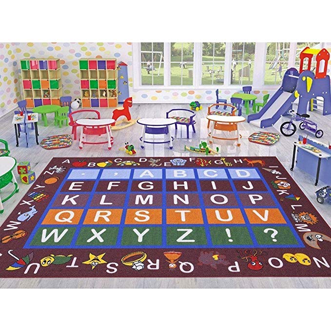 Ottomanson Jenny Collection Dark Red Frame with Multi Colors Kids Children's Educational Alphabet (Non-Slip) Area Rug, 5'0" X 6'6", Red