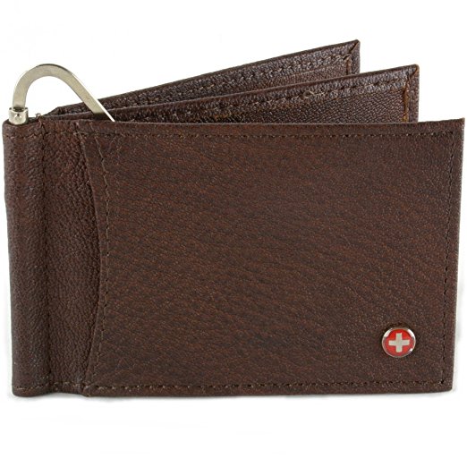 Alpine Swiss Mens Deluxe Leather Money Clip Spring Front Pocket Wallet Brown