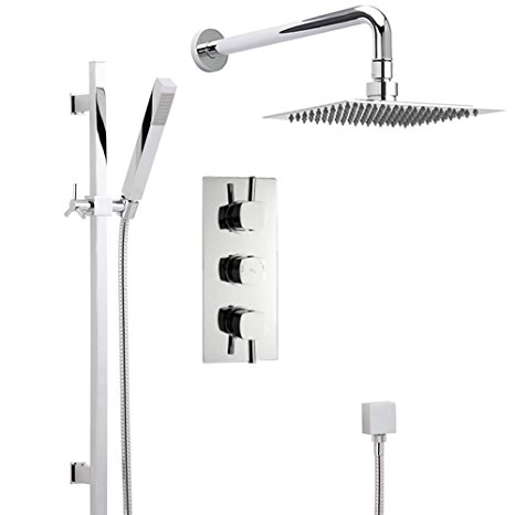 Hudson Reed New Complete Thermostatic Shower System 2 Outlets - Triple Diverter Valve Set With Square Rail Kit, Handset & Rain Easy Clean Head - Anti Scald Device - Chrome Finish