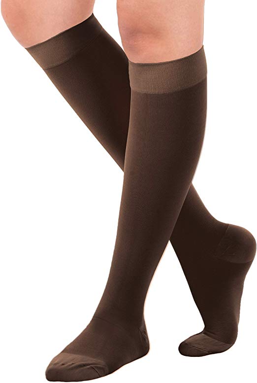Made in USA Opaque Compression Socks Knee-Hi Closed Toe 20-30mmHg Brown Large