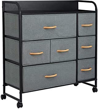 KINGSO 7 Drawer Dresser Storage Tower Organizer Unit with Rolling Wheels,Easy Pull Fabric Drawer, Sturdy Steel Frame, Wood Top, Dressers for Bedroom Living Room Entryway Hallway Closet - Dark Gray