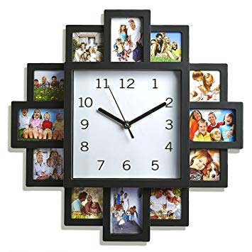 LIVIVO NEW BLACK HANGING MODERN 12 MULTI PHOTO FAMILY PICTURE FRAME & TIME WALL CLOCK