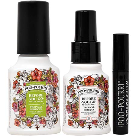 Poo-Pourri Before-You-Go Toilet Spray Set, Included 1.4-Ounce, Bottle, Tropical Hibiscus Scent, 2 -Ounce, Bottle, Tropical Hibiscus Scent, and 4ml Travel Size Disposable Spritzer Trap-A-Crap