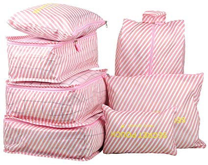 7Pcs Waterproof Travel Storage Bags Clothes Packing Cube Luggage Organizer Pouch (Pink Stripe)