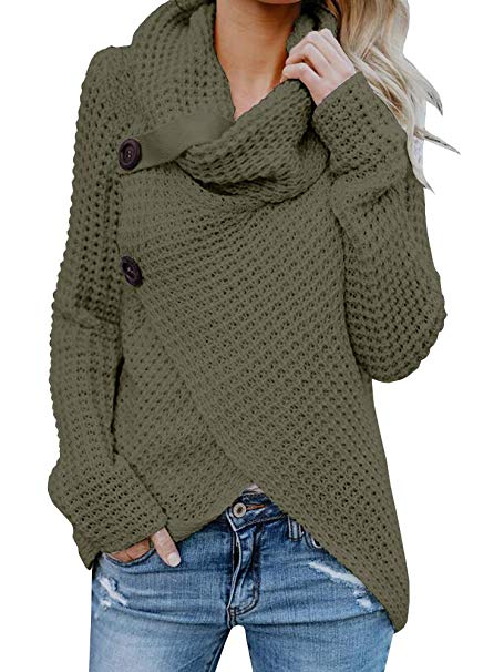 Shele Womens Turtleneck Sweater Warm Cable Knitted Loose Button Wrap Asymmetrical Pullover Tops