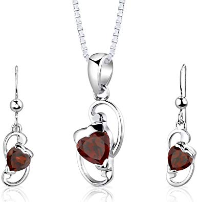 Peora Garnet Pendant Earrings Set Sterling Silver Heart Shape 2.00 Carats