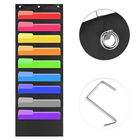 AOFU Storage Pocket Chart - Hanging File Organizer Folder with 10 Pockets - Best Wall Storage Organizer for School,Classroom,Home or Office Use(Black)