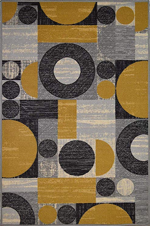 ADGO Collection, Modern Vivid Gold and Gray Contemporary Design Rubber-Backed Non-Slip (Non-Skid) 3x5 Area Rugs| Thin Low Profile Indoor/Outdoor Floor Rug