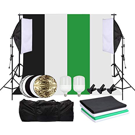 Grandekor Photography Backdrops Kit Including Softbox Set with 2 x Studio Lighting Stand, 4 x Backdrops (1 x Black, 1 x Green, 2 x White), 2 x 28W LED Bulb, 60cm 5-in-1 Reflector, 1 x Carry Bag
