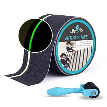 Anti Slip Traction Tape with Glow in Dark Green Stripe and Free Application Roller, 4 Inch x 40 Foot - Best Grip, Friction for Stairs, Tread Step, Black (4 inch X 40 feet Tape   Roller)