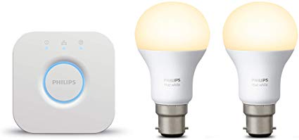 Philips Hue White B22 Equivalent Smart Bulb Starter Kit (2 Hue White Bulbs and a Bridge, Compatible with Amazon Alexa, Apple HomeKit and Google Assistant), 60 W