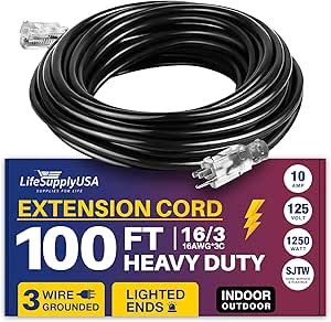 100ft Power Outdoor Extension Cord & Indoor - Waterproof Electric Drop Cord Cable - 3 Prong SJTW, 16 Gauge, 10 AMP, 125 Volts, 1250 Watts, 16/3 by LifeSupplyUSA - Black (1 Pack)