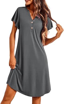 Ekouaer Women's Nightgown Short Flare Sleeve Sleepshirt V-Neck Sleepwear Soft Nightshirt Pajama Dress S-XXL