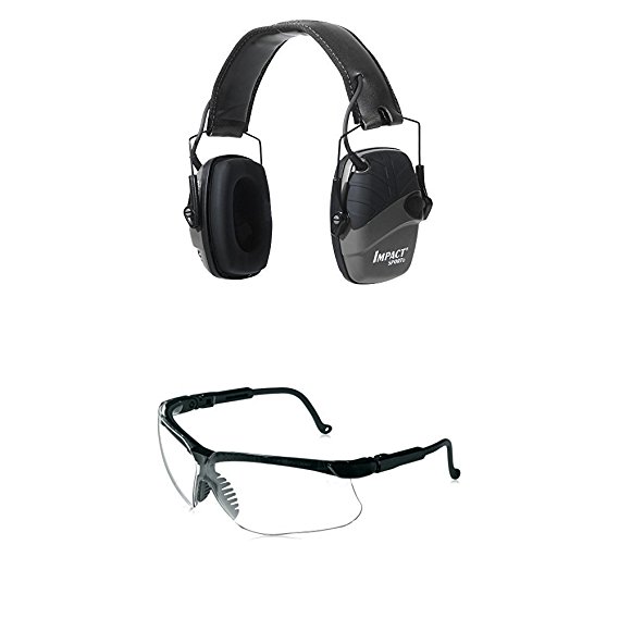 Howard Leight by Honeywell Impact Sport Sound Amplification Electronic Shooting Black Earmuff with Genesis Sharp-Shooter Shooting Glasses, Clear Lens