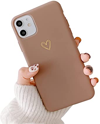 Ownest Compatible with iPhone 12 Case, 12 Pro Case for Soft Liquid Silicone Heart Pattern Slim Protective Shockproof Case for Women Girls for iPhone 12/12 Pro-Brown