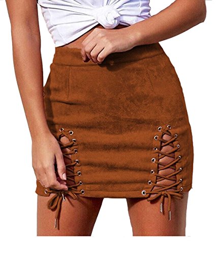 Aliwendy Women Sexy Criss Cross Tight Bodycon High Waist Faux Suede Stretch Mini Skirt