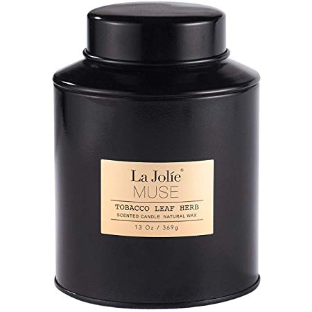 LA JOLIE MUSE Tobacco Soy Scented Candle - 13Oz Natural Wax Sweet Home Fragrance in Large Tin, Tobacco Leaf Herb