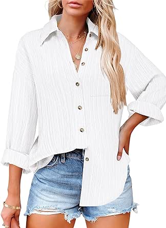 Zeagoo Womens Button Down Shirts Casual Long Sleeve Blouses V Neck Dress Shirt Textured Collared Work Tops with Pocket