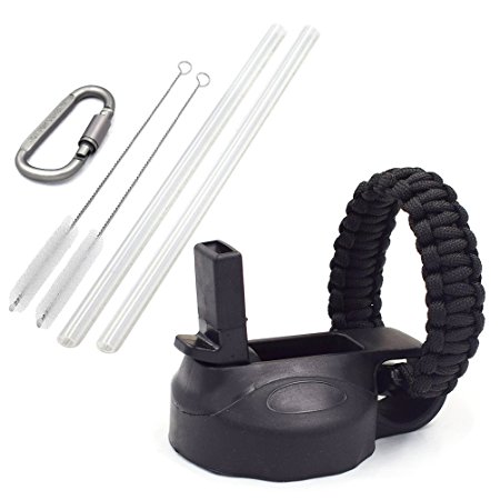 Flaskars Straw Lid for Hydro Flask Wide Mouth Water Bottle with Paracord Handle, 2 Straws, 2 Straw Brushes and Carabiner