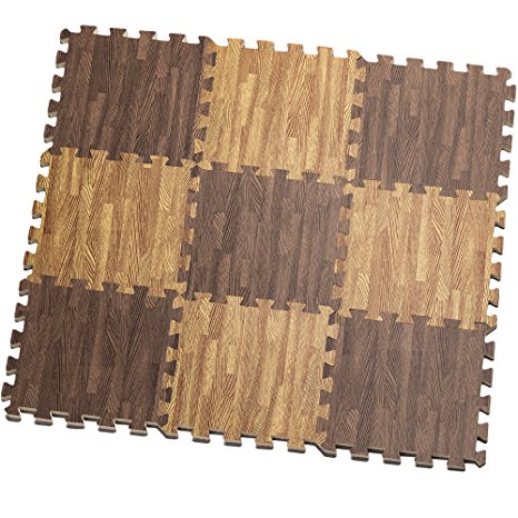 HemingWeigh Printed Wood Grain Interlocking Foam Anti Fatigue Floor Puzzle Mats – Makes a Superior Fitness, workout and exercise mat. Thick, Durable & Safe for all Ages- Set of 9 Tiles