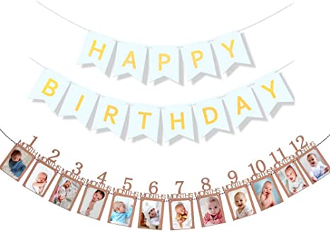Hurriman 1st Birthday Photo Banner, 12 Month Photo Banner Milestone Monthly Bunting Garland Picture Banner for Baby First Birthday Party Decoration (Kraft)