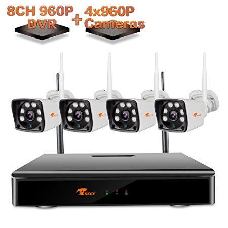 [8CH DVR   4Cameras] CORSEE Wireless Surveillance System,4 x 960P Weatherproof Night Vision Cameras Support Motion Detection and View by IOS or Android App,No HDD [Extendable More Wifi Cameras]