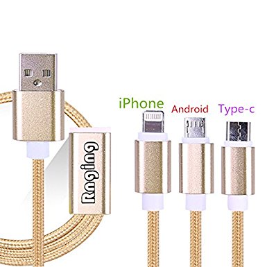 Rnging nylon braided mobile phone charging cable, support for Apple phones, Android phones and type-c(Gold Silver)