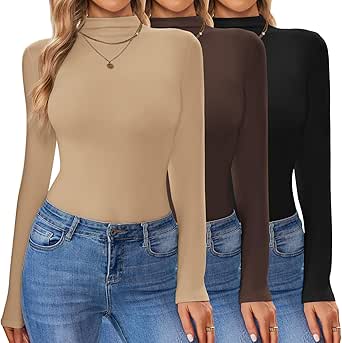 Ekouaer 3 Pack Turtleneck Shirt Women Long Sleeve Mock Neck Slim Fit Tops Winter Thermal Base Layer Soft Stretch Undershirts