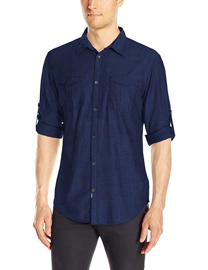 Calvin Klein Jeans Men's Herringbone Military Long Sleeve Button Down Shirt