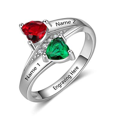 Lam Hub Fong Personalized Engagement Rings for Women Promise Rings for Her with 2 Simulated Birthstones Name Rings Valentines Day Jewelry for Women