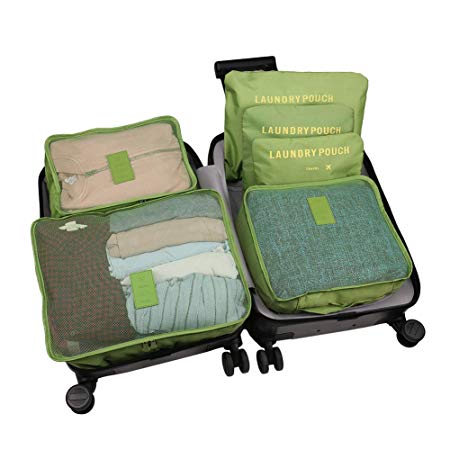 WOWTOY 6PCS Packing Cubes Value Set for Travel Luggage Organiser Bag Compression Pouches Clothes Suitcase, Green