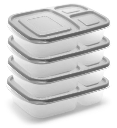 Sunsella Buddy Boxes - 3 Compartment Containers (4 Pack) Reusable Bento Lunch box & Divided Food Storage With Grey Lids (Not Leakproof)
