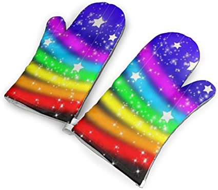 Rainbow Stars Kitchen Oven Mitts, Cotton Long Microwave Oven Gloves, Extreme Heat Resistant 572 Degrees Nonslip Gloves for Potholders Cooking, BBQ, Frying, Baking (1 Pair)