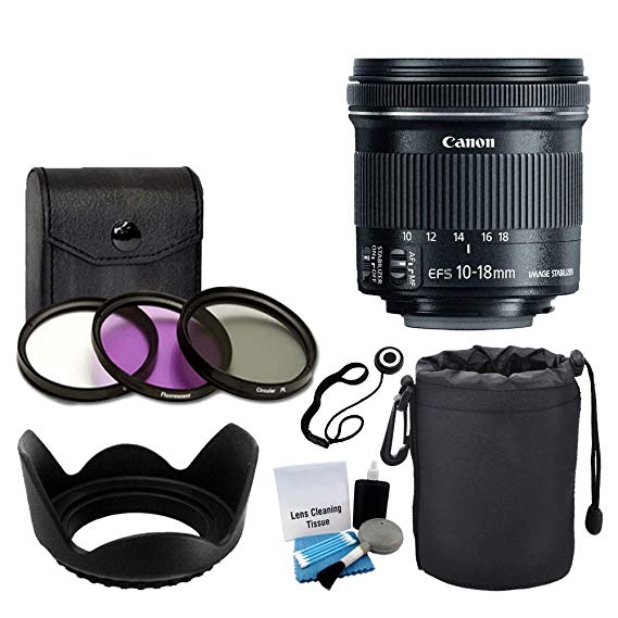 Canon EF-S 10-18mm f/4.5-5.6 is STM Lens for DSLR Cameras   3 Piece Filter Kit   Soft Lens Pouch   Lens Hood   5 Piece Cleaning Kit   Lens Cap Holder   Complete Lens Accessory Bundle