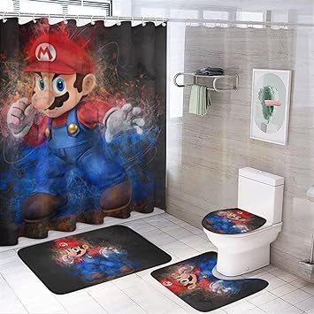 Anime Super Bros Shower Curtain Set,4-Piece Bathroom Sets Waterproof Shower Curtains and Non-Slip Bath Rugs & Toilet Lid Cover Mat U Carpet 72x72in Bathroom Accessories Set