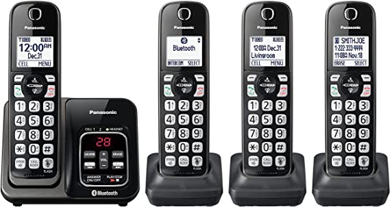 Panasonic Expandable Cordless Phone System with Link2Cell Bluetooth, Voice Assistant, Answering Machine and Call Blocking - 4 Cordless Handsets - KX-TGD664M (Metallic Black)