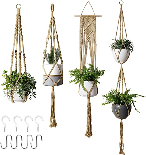 POTEY 640103 4-Pack Macrame Plant Hangers with 8 Hooks - Hanging Planter Indoor Outdoor Flower Pots Holder, Handmade Cotton Rope Hanging Plant Holder for Boho Home Decor, 35"/41"/46"/67",Brown