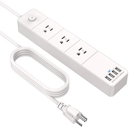 Surge Protector Power Strip with 4 USB Ports 3 Outlets 2156 Joules 1875W, 5.25ft Heavy Duty Extension Cord, 100-240V for Home Office Travel, White