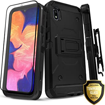 STARSHOP Moto E6 Phone Case, with [Tempered Glass Screen Protector Included] Full Cover Heavy Duty Dual Layers Shockproof Phone Cover with Build in Kickstand and Locking Belt Clip-Black