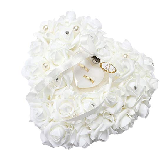 Yosoo Wedding Ring Pillow, White Ring Pillow for Wedding Lace Crystal Rose Heart Ring Box Wedding Accessories