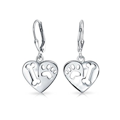 Bling Jewelry Dangling Hearts Bone Paw Print Drop Sterling Silver Leverback Earrings