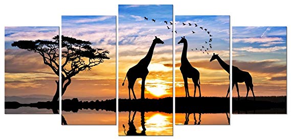 Pyradecor 5 Piece Modern Stretched and Framed African Landscape Giclee Canvas Prints Animals Sunset Artwork Pictures Paintings on Canvas Wall Art for Living Room Bedroom Kitchen Home Decorations