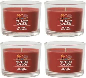 Yankee Candle Signature Votive Mini Candle Jar, Autumn Daydream Scent, Natural Soy Wax Blend Candle with Natural Fiber Wick, 1.3 OZ Glass Jar (Pack of 4)