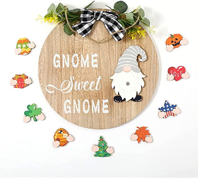 mazaashop Wooden Seasonal Welcome Gnome Sign, Interchangeable Round Gnome Sign Wood Door Hanging with 9 Magnetic Seasonal Ornaments for Independence Day Halloween Christmas