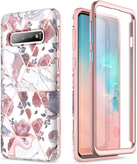 SURITCH Case for Samsung Galaxy S10 Plus,Marble Shockproof Rugged Protective Bumper Cover with Built-in Screen Protector for Galaxy S10 Plus (Rose)